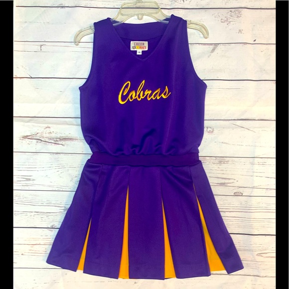 Kids Sz 14 Purple & Gold Cobras Logo 1 Pc Cheerleading Jumper Dress Uniform NWT - Picture 2 of 3